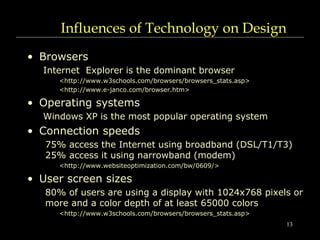 13
Influences of Technology on Design
• Browsers
Internet Explorer is the dominant browser
<http://www.w3schools.com/brows...