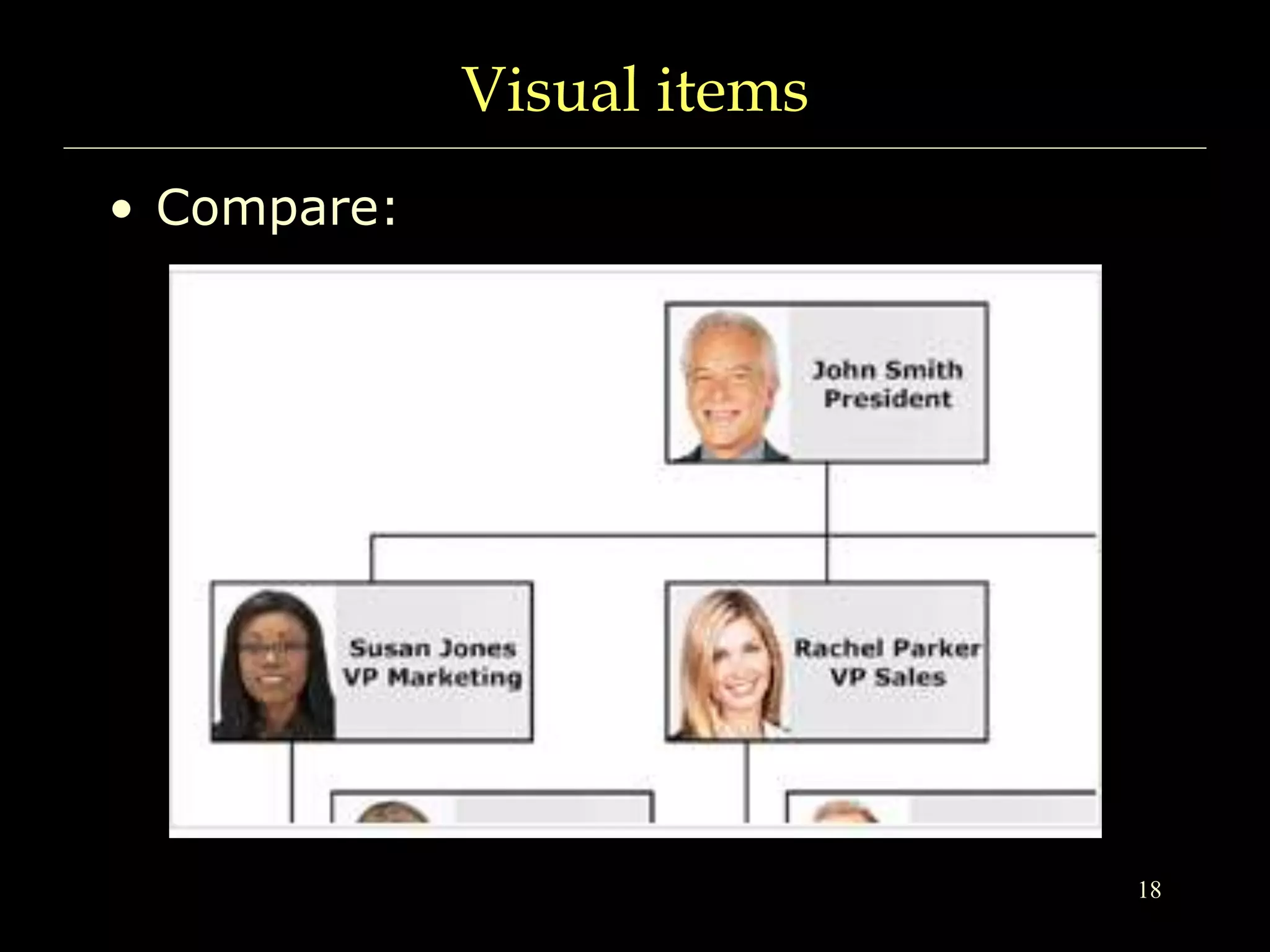 Visual items
• Compare:
18
 
