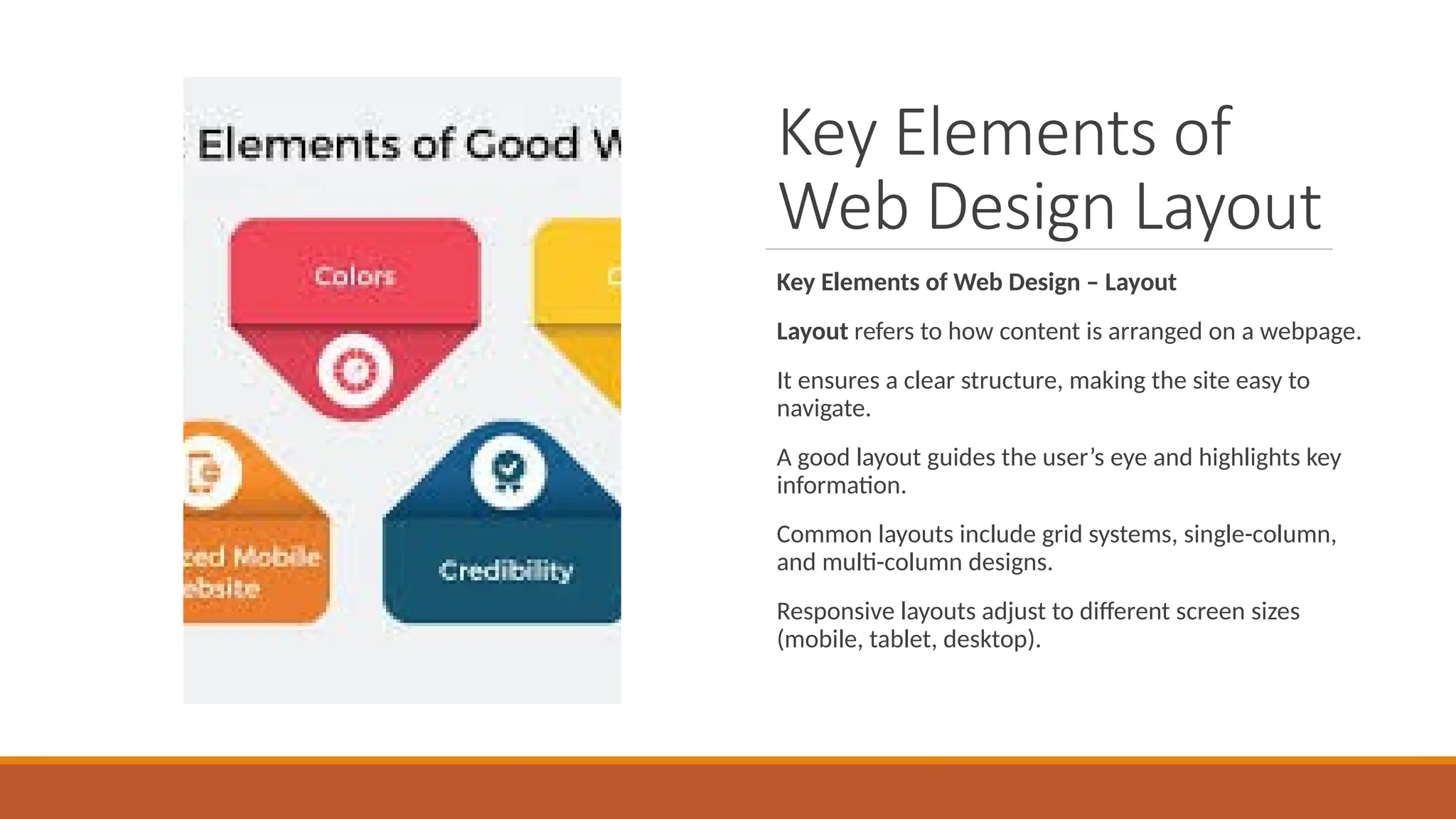 Key Elements of
Web Design Layout
Key Elements of Web Design – Layout
Layout refers to how content is arranged on a webpage.
It ensures a clear structure, making the site easy to
navigate.
A good layout guides the user’s eye and highlights key
information.
Common layouts include grid systems, single-column,
and multi-column designs.
Responsive layouts adjust to different screen sizes
(mobile, tablet, desktop).
 