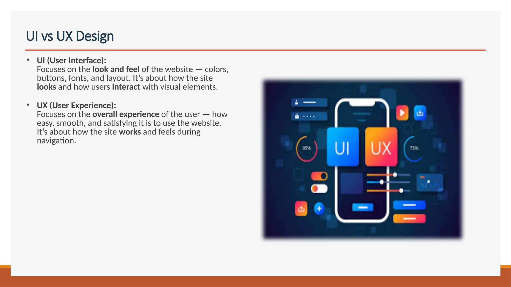 UI vs UX Design
• UI (User Interface):
Focuses on the look and feel of the website — colors,
buttons, fonts, and layout. It’s about how the site
looks and how users interact with visual elements.
• UX (User Experience):
Focuses on the overall experience of the user — how
easy, smooth, and satisfying it is to use the website.
It’s about how the site works and feels during
navigation.
 