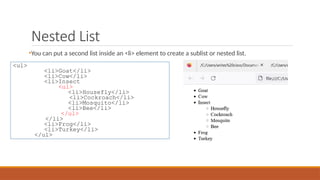 Nested List
•You can put a second list inside an <li> element to create a sublist or nested list.
<ul>
<li>Goat</li>
<li>Cow</li>
<li>Insect
<ul>
<li>Housefly</li>
<li>Cockroach</li>
<li>Mosquito</li>
<li>Bee</li>
</ul>
</li>
<li>Frog</li>
<li>Turkey</li>
</ul>
 