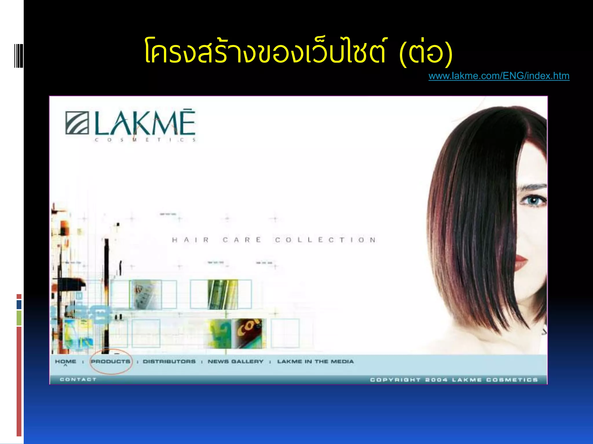 โครงสร้างของเว็บไซต์ (ต่อ) www.lakme.com/ENG/index.htm 
