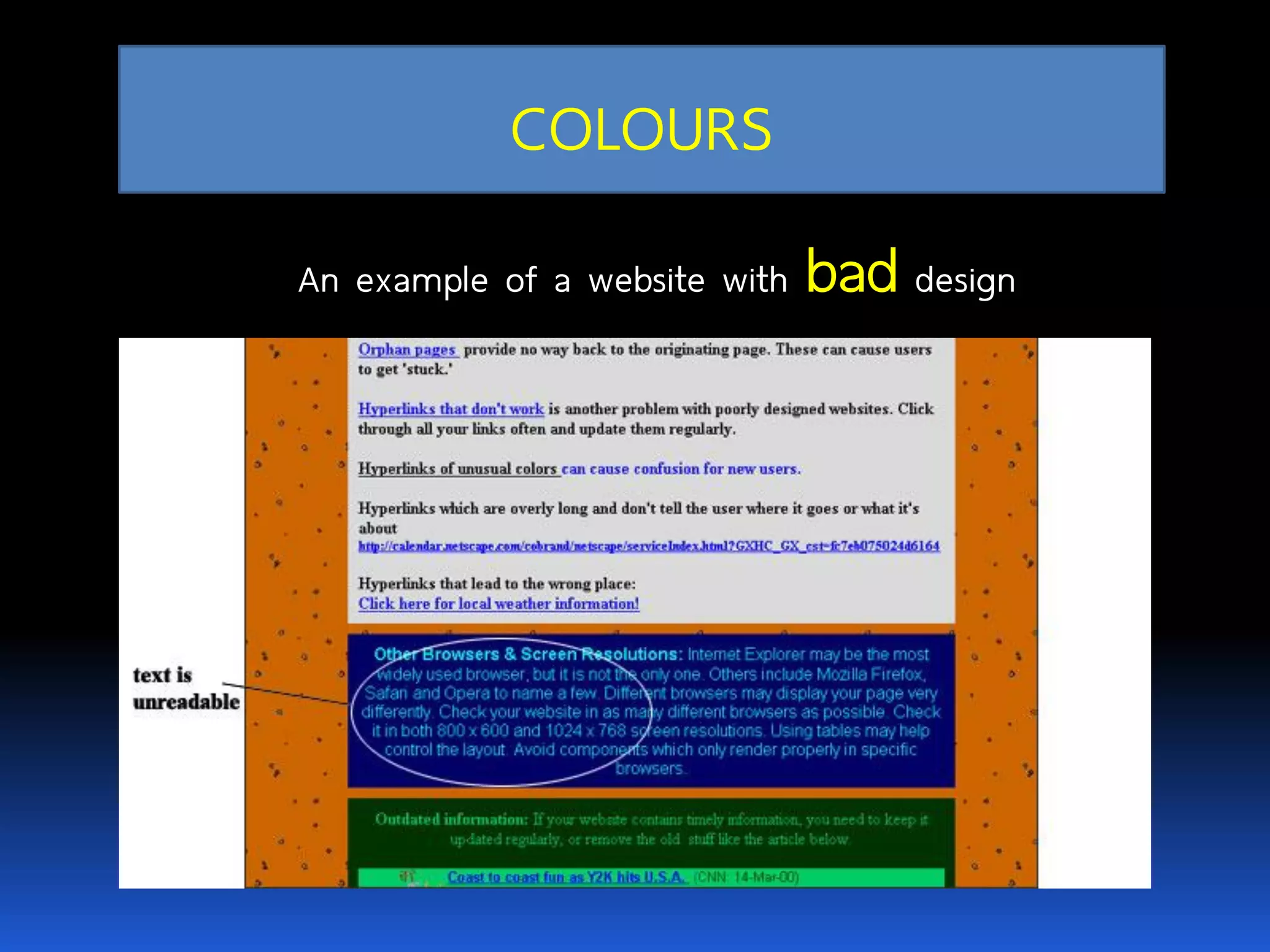COLOURS An example of a website with baddesign 