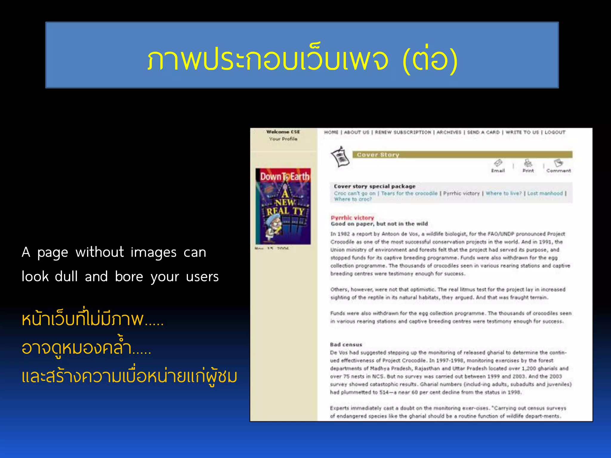 A page without images can look dull and bore your users หน้าเว็บที่ไม่มีภาพ..... อาจดูหมองคล้า..... และสร้างความเบื่อหน่ายแก่ผู้ชม ภาพประกอบเว็บเพจ(ต่อ) 