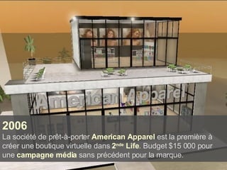 2006 La société de prêt-à-porter   American Apparel   est la première à créer une boutique virtuelle dans  2 nde  Life . Budget $15 000 pour une  campagne média  sans précédent pour la marque. 