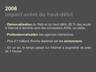 2006  Impact avéré du haut-débit -  Démocratisation  du Web et du haut débit. 80 % des accès à Internet à domicile sont des connexions ADSL ou câble. -  Professionnalisation  des agences interactives. - Plus d’1 milliard d'euros dépensé par les  annonceurs . - En un an, le temps passé sur Internet a augmenté de près de 4 heures. 