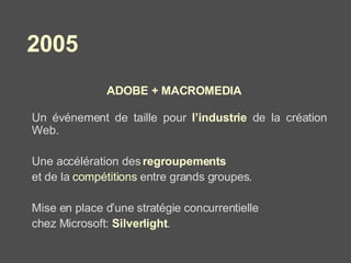 ADOBE + MACROMEDIA Un événement de taille pour  l’industrie  de la création Web.  Une accélération des  regroupements   et de la  compétitions  entre grands groupes. Mise en place d’une stratégie concurrentielle  chez Microsoft:  Silverlight . 2005 
