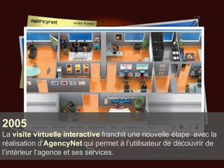 2005 La  visite virtuelle interactive  franchit une nouvelle étape  avec la réalisation d’ AgencyNet  qui permet à l’utilisateur de découvrir de l’intérieur l’agence et ses services. 