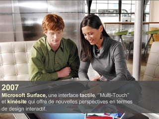 2007 Microsoft Surface,  une interface  tactile , ‘’Multi-Touch’’  et  kinésite  qui offre de nouvelles perspectives en termes  de design interactif.   