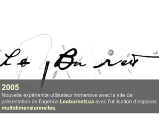 2005 Nouvelle expérience utilisateur immersive avec le site de présentation de l’agence  Leoburnett.ca  avec l’utilisation d’espaces  multidimensionnelles . 