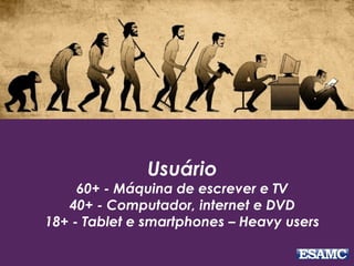 Usuário
60+ - Máquina de escrever e TV
40+ - Computador, internet e DVD
18+ - Tablet e smartphones – Heavy users
 
