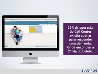 35% da operação
do Call Center
existia apenas
para responder
uma demanda:
Onde encontrar a
2ª via do boleto.
 