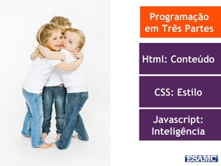 Programação
em Três Partes
Html: Conteúdo
CSS: Estilo
Javascript:
Inteligência
 