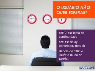 até 0,1s: ideia de
continuidade
até 1s: delay
percebido, mas ok
depois de 10s: o
usuário muda de
tarefa.
O USUÁRIO NÃO
QUER ESPERAR!
 