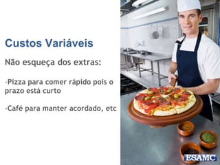 Custos Variáveis
Não esqueça dos extras:
-Pizza para comer rápido pois o
prazo está curto
-Café para manter acordado, etc
 