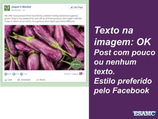 Texto na
imagem: OK
Post com pouco
ou nenhum
texto.
Estilo preferido
pelo Facebook
 
