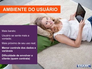 Mais barato;
Usuário se sente mais a
vontade;
Mais próximo de seu uso real;
Menor controle dos dados e
variáveis
Dificuldade de envolver o
cliente (quem contrata)
AMBIENTE DO USUÁRIO
 