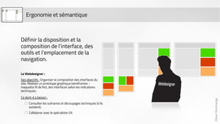 Olivier Dommange 
Ergonomie et sémantique 
Définir la disposition et la 
composition de l’interface, des 
outils et l’emplacement de la 
navigation. 
Le Webdesigner : 
Ses objectifs : Organiser la composition des interfaces du 
site. Réaliser un prototype graphique (wireframes - 
maquette fil de fer), des interfaces selon les indications 
techniques. 
Ce dont-il a besoin : 
Consulter les scénarios et découpages techniques (s’ils 
existent). 
Collaborer avec le spécialiste UX. 
 