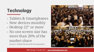 Technology
- Tablets & Smartphones
- New devices monthly
- Desktop 22” or more
- No one screen size has
more than 20% of t...