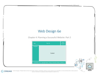 1
Web Design 6e
Chapter 4: Planning a Successful Website: Part 2
© 2018 Cengage. All Rights Reserved. May not be copied, scanned, or duplicated, in whole or in part, except for use as permitted in a license distributed with a certain product or
service or otherwise on a password-protected website for classroom use.
 