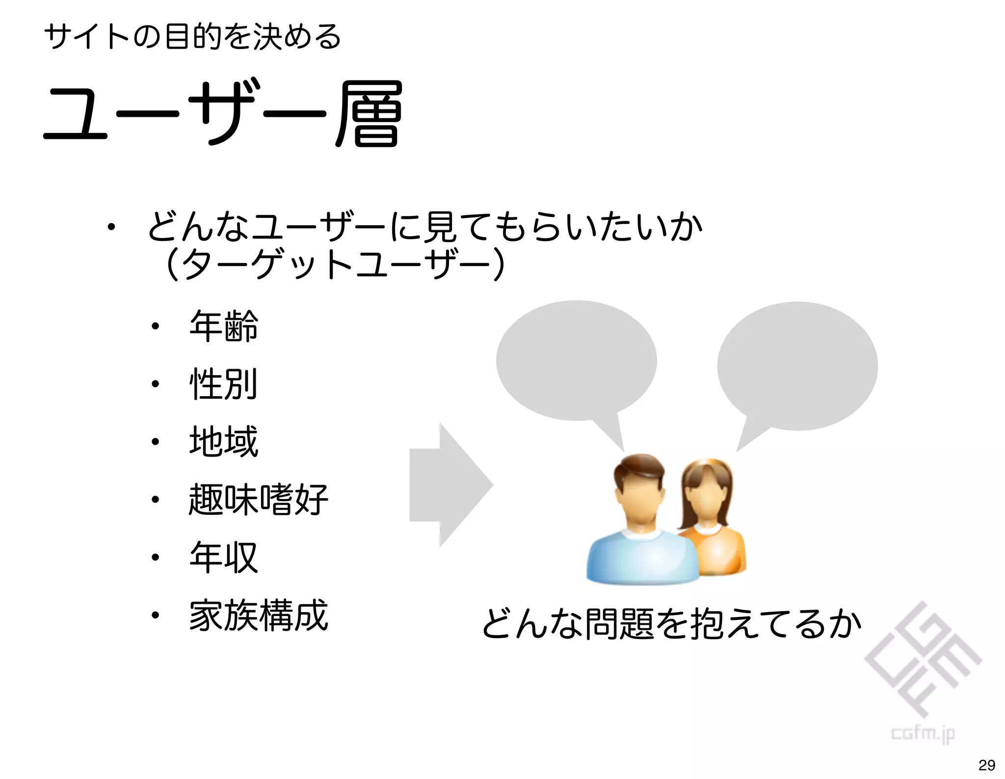 サイトの目的を決める


ユーザー層
 • どんなユーザーに見てもらいたいか
   （ターゲットユーザー）
   •   年齢
   •   性別
   •   地域
   •   趣味嗜好
   •   年収
   •   家族構成   どんな問題を抱えてるか


                            29
 