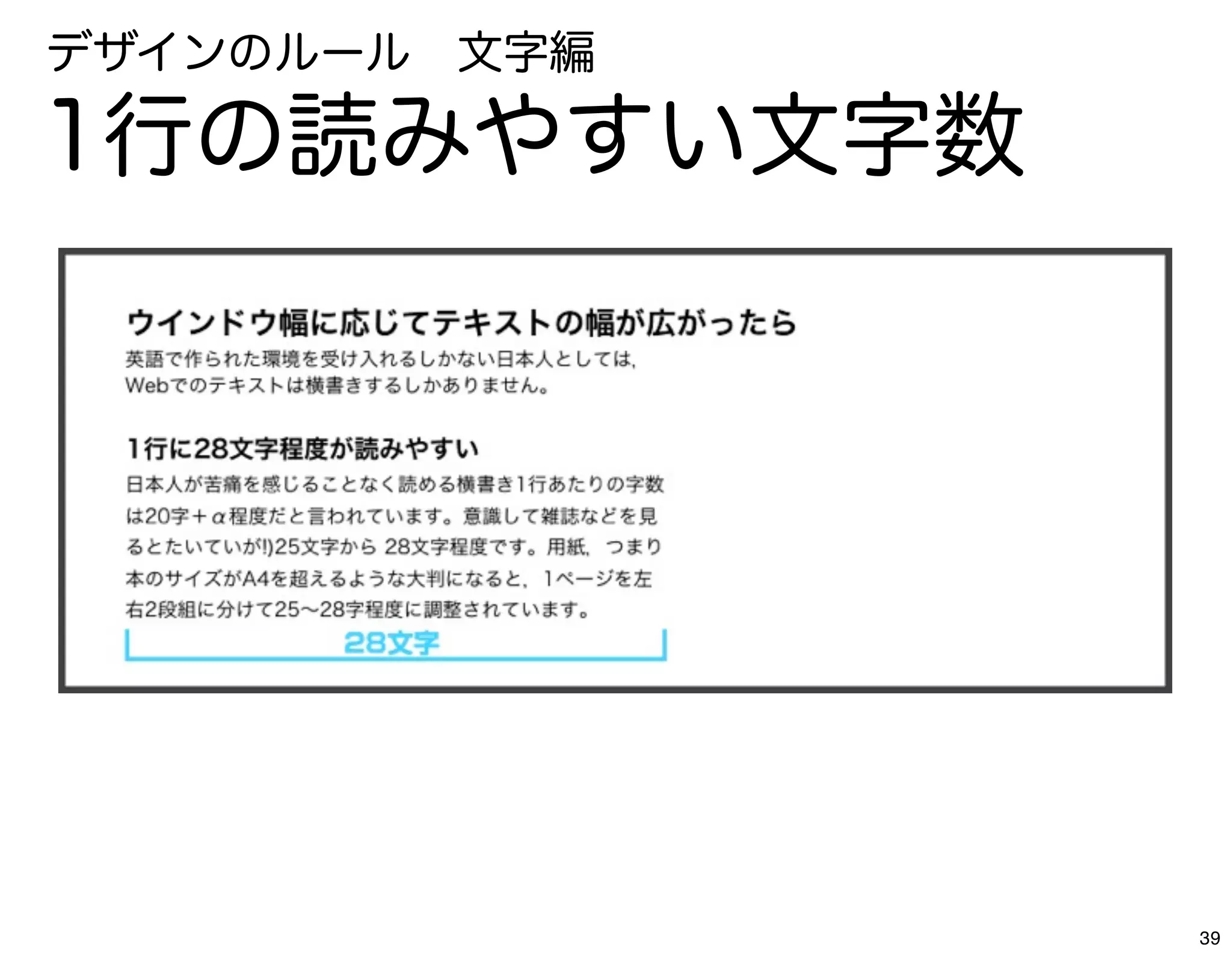 デザインのルール 文字編

1行の読みやすい文字数




               39
 