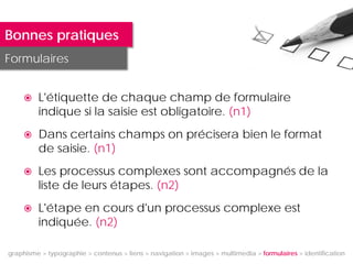 Bonnes pratiques
Formulaires


        L'étiquette de chaque champ de formulaire
         indique si la saisie est obligatoire. (n1)
        Dans certains champs on précisera bien le format
         de saisie. (n1)
        Les processus complexes sont accompagnés de la
         liste de leurs étapes. (n2)
        L'étape en cours d'un processus complexe est
         indiquée. (n2)

graphisme > typographie > contenus > liens > navigation > images > multimedia > formulaires > identification
 