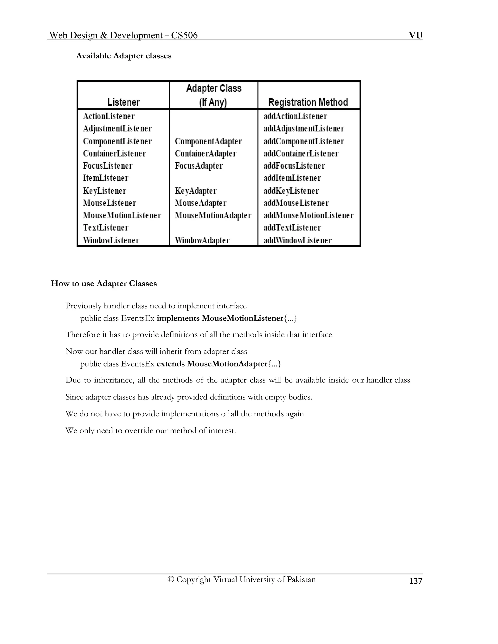 Web Design & Development – CS506 VU 
© Copyright Virtual University of Pakistan 
137 
Available Adapter classes 
How to use Adapter Classes 
public class EventsEx implements MouseMotionListener{...} 
Now our handler class will inherit from adapter class 
Due to inheritance, all the methods of the adapter class will be available inside our handler class 
Since adapter classes has already provided definitions with empty bodies. 
Previously handler class need to implement interface 
Therefore it has to provide definitions of all the methods inside that interface 
public class EventsEx extends MouseMotionAdapter{...} 
We do not have to provide implementations of all the methods again 
We only need to override our method of interest. 
 
