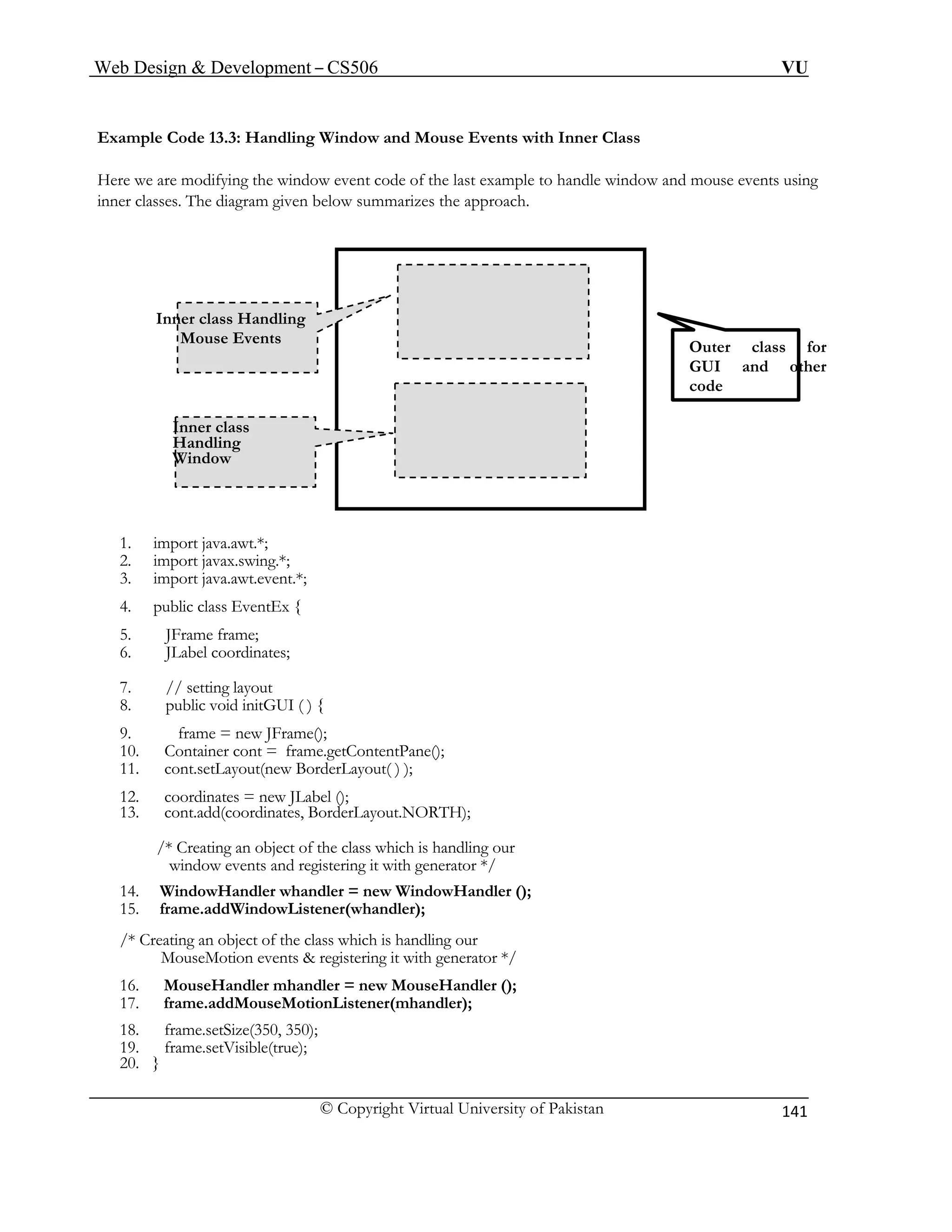 Web Design & Development – CS506 VU 
© Copyright Virtual University of Pakistan 
141 
Example Code 13.3: Handling Window and Mouse Events with Inner Class 
Here we are modifying the window event code of the last example to handle window and mouse events using inner classes. The diagram given below summarizes the approach. 
1. import java.awt.*; 
3. import java.awt.event.*; 
4. public class EventEx { 
5. JFrame frame; 
8. public void initGUI ( ) { 
9. frame = new JFrame(); 
11. cont.setLayout(new BorderLayout( ) ); 
16. MouseHandler mhandler = new MouseHandler (); 
Inner class Handling Mouse Events 
Outer class for GUI and other code 
Inner class 
Handling 
Window 
2. import javax.swing.*; 
6. JLabel coordinates; 
7. // setting layout 
10. Container cont = frame.getContentPane(); 
12. coordinates = new JLabel (); 
13. cont.add(coordinates, BorderLayout.NORTH); 
/* Creating an object of the class which is handling our 
window events and registering it with generator */ 
14. WindowHandler whandler = new WindowHandler (); 
15. frame.addWindowListener(whandler); 
/* Creating an object of the class which is handling our 
MouseMotion events & registering it with generator */ 
17. frame.addMouseMotionListener(mhandler); 
18. frame.setSize(350, 350); 
19. frame.setVisible(true); 
20. } 
 