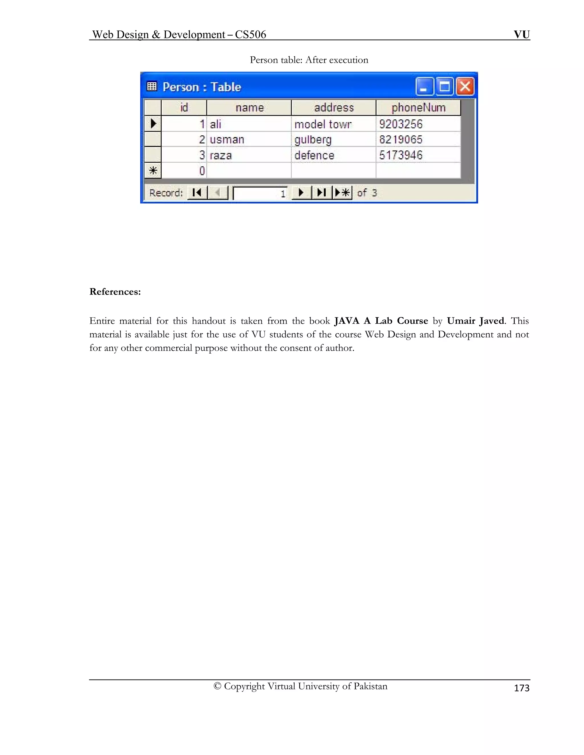 Web Design & Development – CS506 VU 
© Copyright Virtual University of Pakistan 
173 
Person table: After execution 
References: 
Entire material for this handout is taken from the book JAVA A Lab Course by Umair Javed. This 
material is available just for the use of VU students of the course Web Design and Development and not 
. 
for any other commercial purpose without the consent of author  