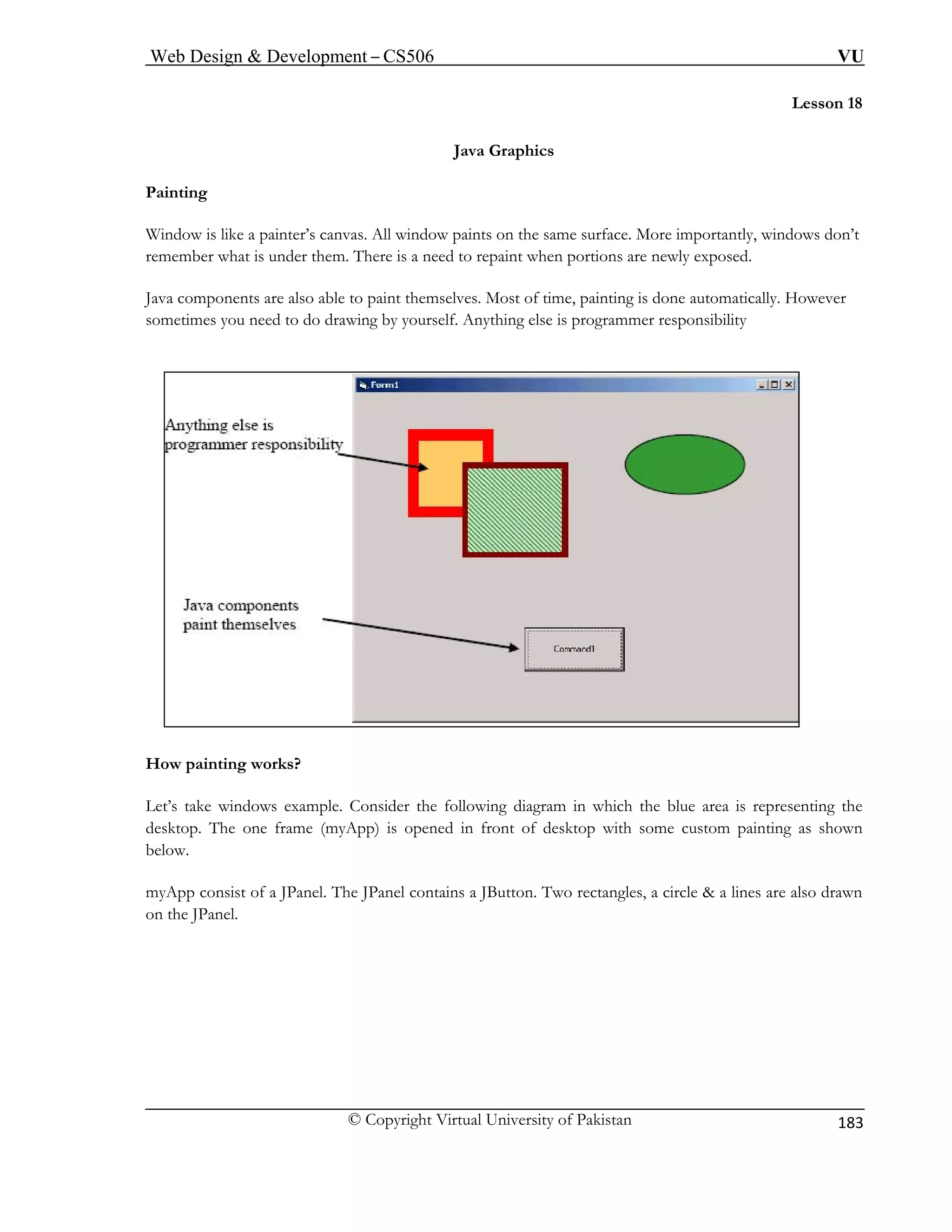 Web Design & Development – CS506 VU 
© Copyright Virtual University of Pakistan 
183 
Lesson 18 
Java Graphics 
Painting 
Window is like a painter’s canvas. All window paints on the same surface. More importantly, windows don’t 
remember what is under them. There is a need to repaint when portions are newly exposed. 
Java components are also able to paint themselves. Most of time, painting is done automatically. However 
sometimes you need to do drawing by yourself. Anything else is programmer responsibility 
How painting works? 
Let’s take windows example. Consider the following diagram in which the blue area is representing the 
desktop. The one frame (myApp) is opened in front of desktop with some custom painting as shown 
below. 
myApp consist of a JPanel. The JPanel contains a JButton. Two rectangles, a circle & a lines are also drawn 
on the JPanel. 
 