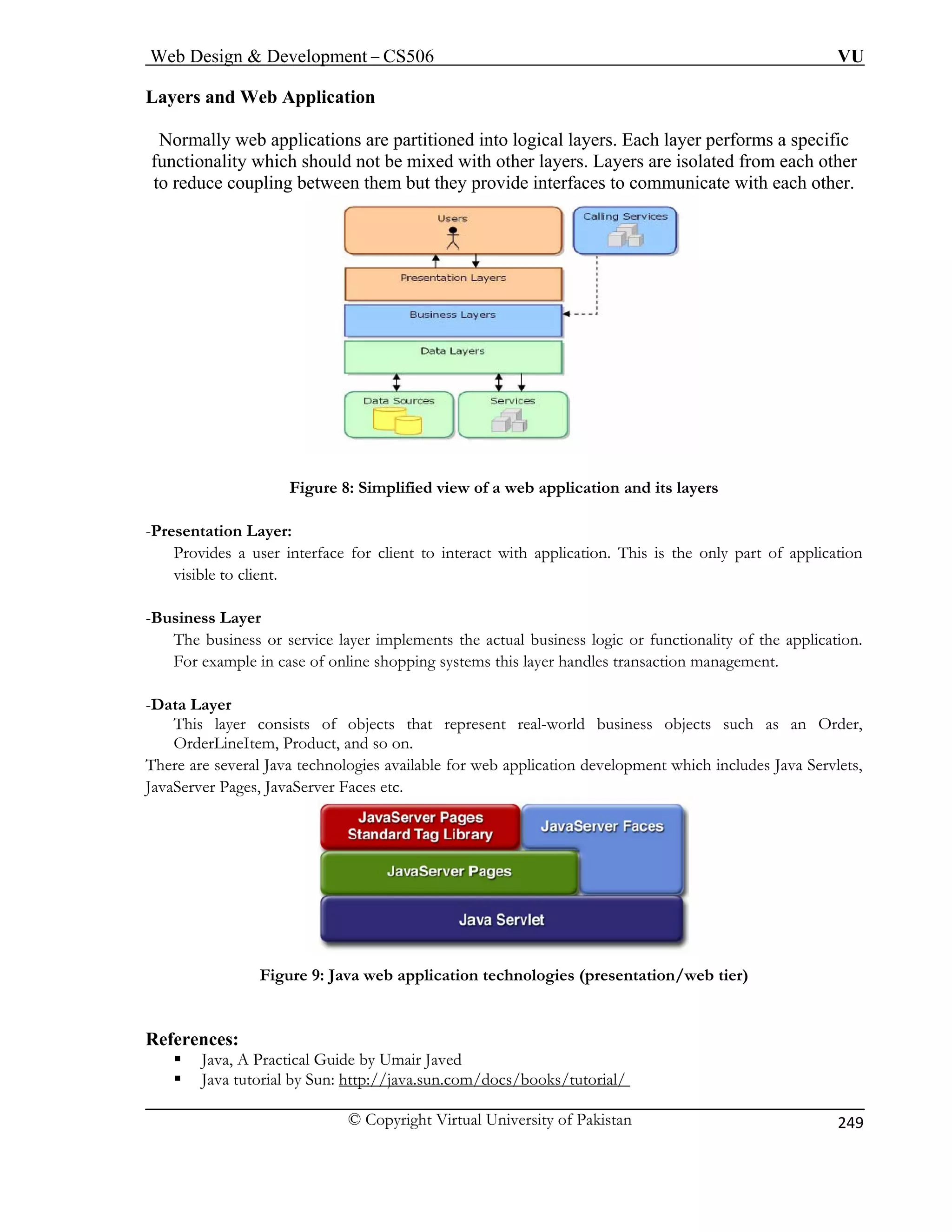 Web Design  Development – CS506 VU 
© Copyright Virtual University of Pakistan 
249 
Layers and Web Application 
ally web applications are partitioned into logical layers. Each layer performs a specific 
ixed with other layers. Layers are isolated from each other 
upling between them but they provide interfaces to communicate with each other. 
Norm 
functionality which should not be m 
to reduce co Figure 8: Simplified view of a web application and its layers 
user interface for client to interact with application. This is the only part of application 
visible to client. 
-Business Layer 
The business or service layer implements the actual business logic or functionality of the application. 
This layer consists of objects that represent real-world business objects such as an Order, 
OrderLineItem, Product, and so on. 
ere ar nologies available for web application development which includes Java Servlets, 
-Presentation Layer: Provides a 
For example in case of online shopping systems this layer handles transaction management. -Data Layer 
The several Java tech 
JavaServer Pages, JavaServer Faces etc. Figure 9: Java web application technologies (presentation/web tier) 
References: 
ƒ Java, A Practical Guide by Umair Javed 
ƒ Java tutorial by Sun: http://java.sun.com/docs/books/tutorial/ 
 
