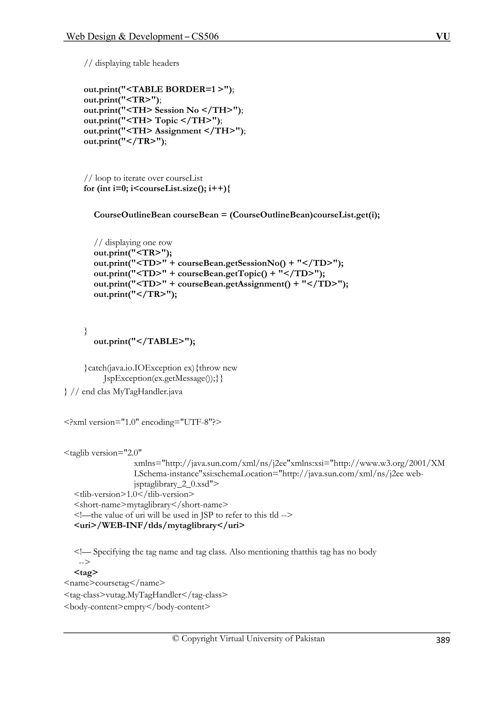 Web Design  Development – CS506 VU 
© Copyright Virtual University of Pakistan 
389 
// displaying table headers 
ou 
ou 
out.print(TH Session No /TH); 
out.print(TH Topic /TH); 
TH Assignment /TH); 
/TR); 
t 
for (int i=0; icourseList.size(); i++){ 
CourseOutlineBean courseBean = (CourseOutlineBean)courseList.get(i); 
// displaying one row 
out.print(TR); 
out.print(TD + courseBean.getSessionNo() + /TD); 
out.print(TD + courseBean.getTopic() + /TD); 
out.print(TD + courseBean.getAssignment() + /TD); 
out.print(/TR); 
} 
out.print(/TABLE); 
}catch(java.io.IOException ex){throw new 
:xsi=http://www.w3.org/2001/XM 
LSchema-instancexsi:schemaLocation=http://java.sun.com/xml/ns/j2ee web-jsptaglibrary_ 
2_0.xsd 
tlib-version1.0/tlib-version 
short-namemytaglibrary/short-name 
!—the value of uri will be used in JSP to refer to this tld -- 
uri/WEB-INF/tlds/mytaglibrary/uri 
!— Specifying the tag name and tag class. Also mentioning thatthis tag has no body 
-- 
tag 
namecoursetag/name 
tag-classvutag.MyTagHandler/tag-class 
body-contentempty/body-content 
t.print(TABLE BORDER=1 ); 
t.print(TR); 
out.print( out.print( 
// loop to iterate over courseLis 
JspException(ex.getMessage());}} } // end clas MyTagHandler.java 
?xml version=1.0 encoding=UTF-8? 
taglib version=2.0 xmlns=http://java.sun.com/xml/ns/j2eexmlns  