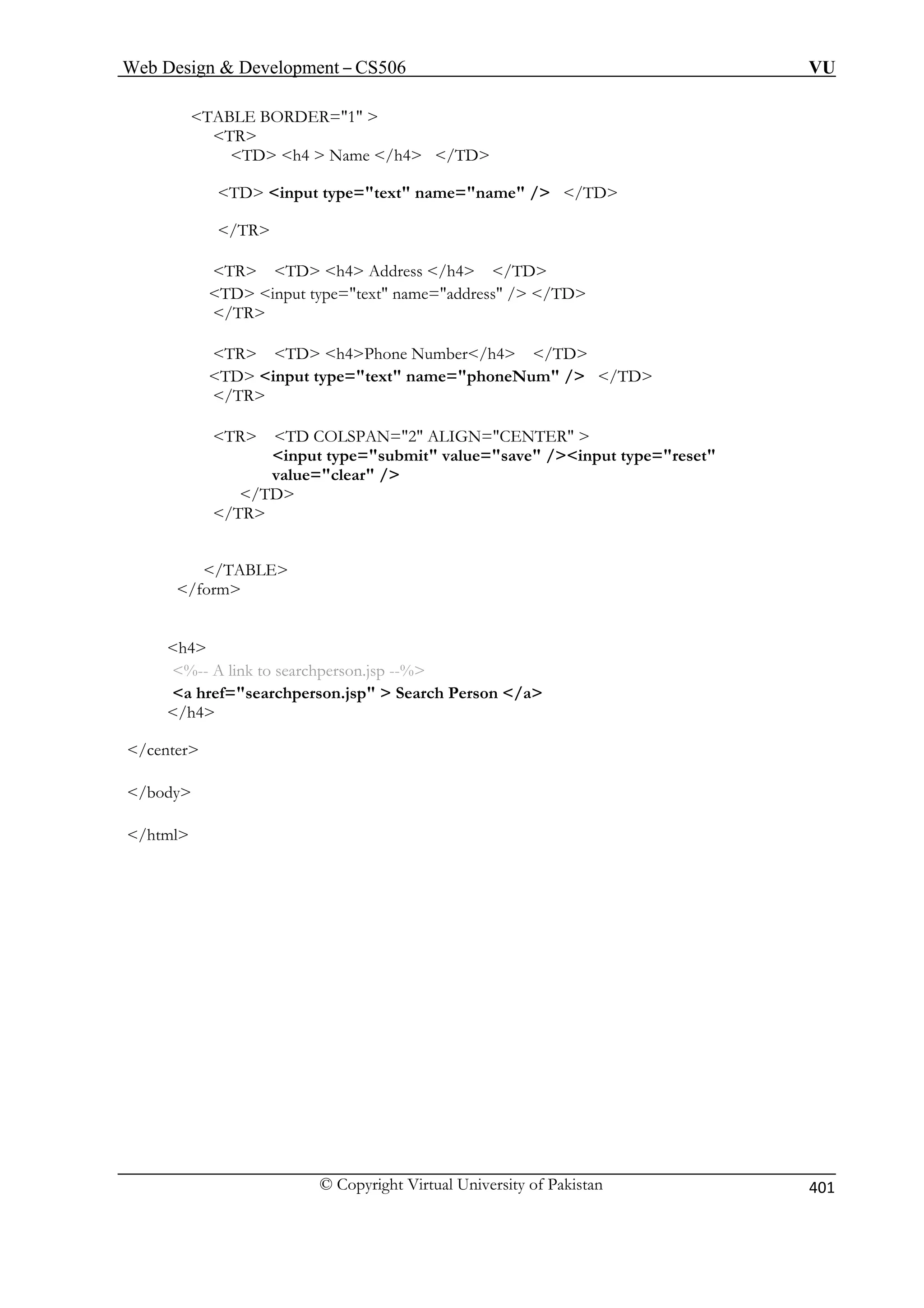 Web Design  Development – CS506 VU 
© Copyright Virtual University of Pakistan 
401 
TABLE BORDER=1  
TR 
input type=text name=name / 
/TR 
/h4 /TD 
TD input type=tex name=address / /TD 
TR TD h4Phone Number/h4 /TD 
TD input type=text name=phoneNum / /TD 
/TR 
TR TD COLSPAN=2 ALIGN=CENTER  
input type=submit value=save /input type=reset 
value=clear / 
/TD 
/TR 
LE 
 
h4 
%-- A 
a href hperson.jsp  Search Person /a 
/h4 
/center 
/body 
/html 
TD h4  Name /h4 /TD TD /TD 
TR TD h4 Adt 
dress  
/TR 
/TAB/form 
 
link to searchperson.jsp --% =searc  