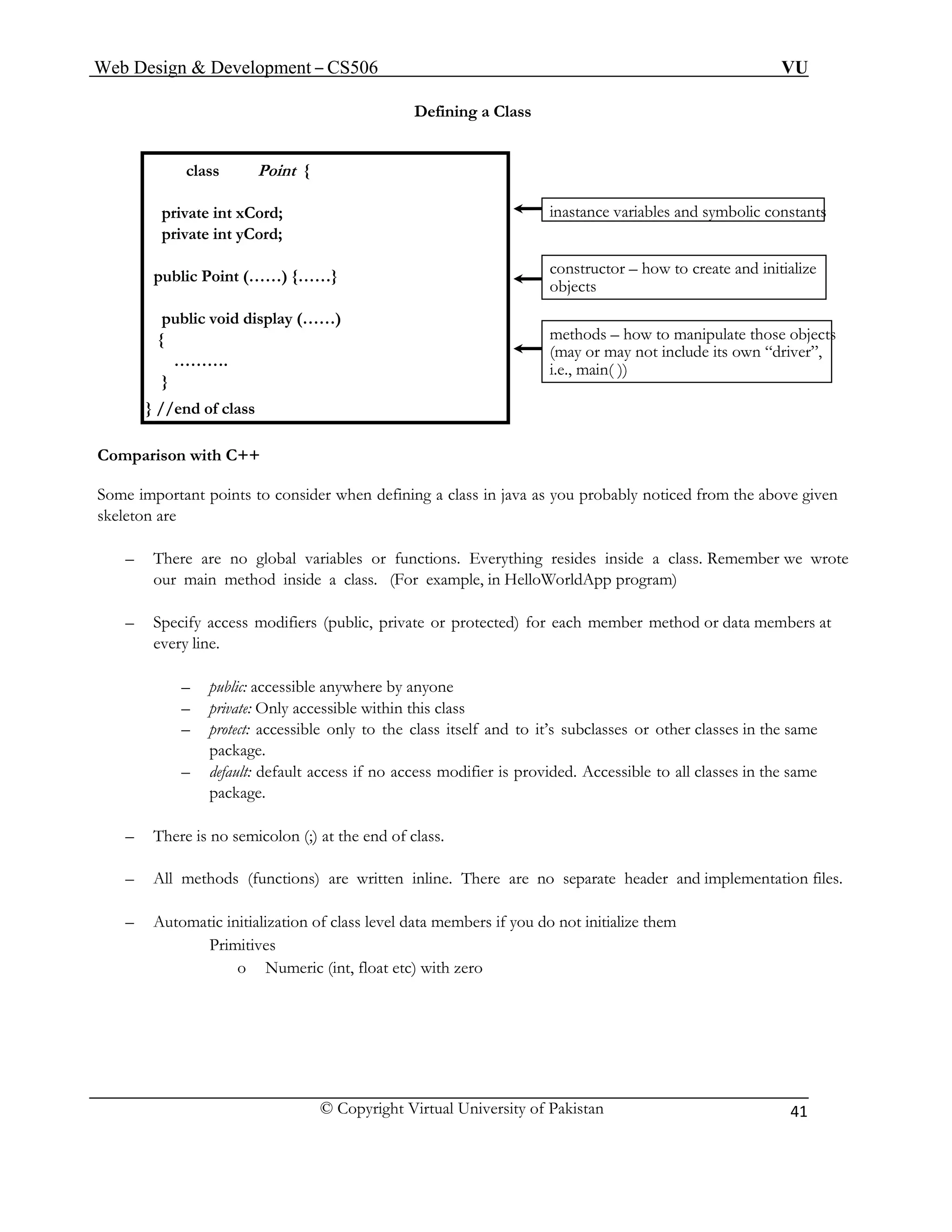 Web Design & Development – CS506 VU 
© Copyright Virtual University of Pakistan 
41 
Defining a Class 
class Poin { 
t 
private int xCord; 
private int yCord; 
public Point (……) {……} 
public void display (……) 
{ 
………. 
} 
} //end of class 
in 
astance variables and symbolic constants 
constructor – how to create and initialize objects 
methods – how to manipulate those objects 
(may or may not include its own “driver”, e., main( )) 
i. 
Comparison with C++ 
Some important points to consider when defining a class in java as you probably noticed from the above given skeleton are 
– There are no global variables or functions. Everything resides inside a class. Remember we wrote our main method inside a class. (For example, in HelloWorldApp program) 
– Specify access modifiers (public, private or protected) for each member method or data members at every line. 
– public: accessible anywhere by anyone 
– private: Only accessible within this class 
– protect: accessible only to the class itself and to it’s subclasses or other classes in the same package. 
– default: default access if no access modifier is provided. Accessible to all classes in the same package. 
– There is no semicolon (;) at the end of class. 
– All methods (functions) are written inline. There are no separate header and implementation files. 
– Automatic initialization of class level data members if you do not initialize them 
Primitives 
o Numeric (int, float etc) with zero  