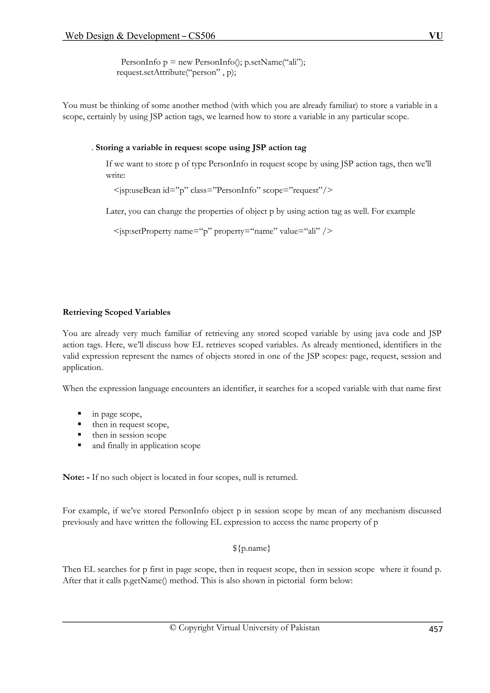 Web Design  Development – CS506 VU 
© Copyright Virtual University of Pakistan 457 
PersonInfo p = new PersonInfo(); p.setName(“ali”); 
request.setAttribute(“person” , p); 
ome another method (with which you are already familiar) to store a variable in a 
scope, certainly by using JSP action tags, we learned how to store a variable in any particular scope. 
. Storing a variable in request scope using JSP action tag 
If we want to store p of type PersonInfo in request scope by using JSP action tags, then we’ll 
write: 
jsp:useBean id=”p” class 
Later, you c ject p by using action tag as well. For example 
jsp:setProperty  
Retrieving Scoped Variab 
ou are already very much familiar o able by using java code and JSP 
ction tags. Here, we’ll discuss h ieves scoped variables. As already mentioned, identifiers in the 
valid expression represent t cts stored in one of the JSP scopes: page, request, session and 
licati n. 
hen th pres counters an identifier, it searches for a scoped variable with that name first 
ƒ 
e 
d finally in application scope 
If no such object is located in four scopes, null is returned. 
in session scope by mean of any mechanism discussed 
previously and have written the following EL expression to access the name property of p 
${p.name} 
Then EL searches for p first in page scope, then in request scope, then in session scope where it found p. 
After that it calls p.getName() method. This is also shown in pictorial form below: 
You must be thinking of s 
=”PersonInfo” scope=”request”/ 
an change the properties of ob 
n 
ame=“p” property=“name” value=“ali” / 
les 
Ya 
f retrieving any stored scoped vari 
ow EL retrhe names of obje 
appo 
We exsion language en 
in page scope, 
ƒ then in request scope, ƒ then in session scop 
ƒ an 
Note: - 
For example, if we’ve stored PersonInfo object p 
 
