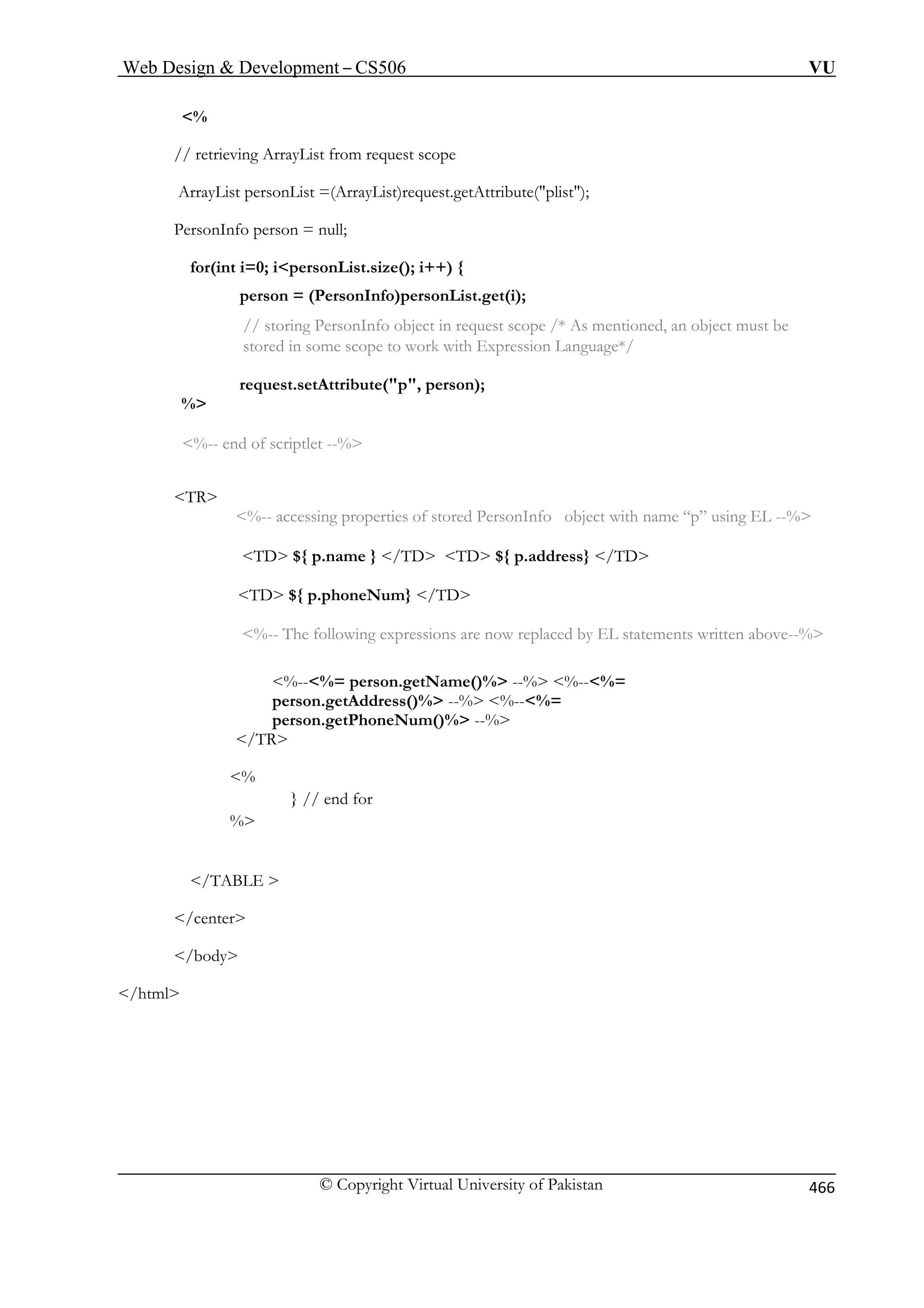 Web Design  Development – CS506 VU 
% 
// retrieving ArrayList from request scope 
ArrayList personList =(ArrayList)request.getAttribute(plist); 
=0; ipersonList.size(); i++) { 
person = (PersonInfo)personList.get(i); 
// storing PersonInfo object in request scope /* As mentioned, an object must be 
ome scope to work with Expression Language*/ 
request.setAttribute(p, person); 
% 
%-- accessing properties of stored PersonInfo object with name “p” using EL --% 
/TD 
TD ${ p.phoneNum} /TD 
%-- The following expressions are now replaced by EL statements written above--% 
%--%= person.getName()% --% %--%= 
person.getAddress()% --% %--%= 
 
% 
/body 
PersonInfo person = null; 
for(int i 
stored in s 
%-- end of scriptlet --% 
TR 
TD ${ p.name } /TD TD ${ p.address} 
person.getPhoneNum()% --% /TR % 
} // end for 
/TABLE  
/center 
/html 
© Copyright Virtual University of Pakistan 466 
 