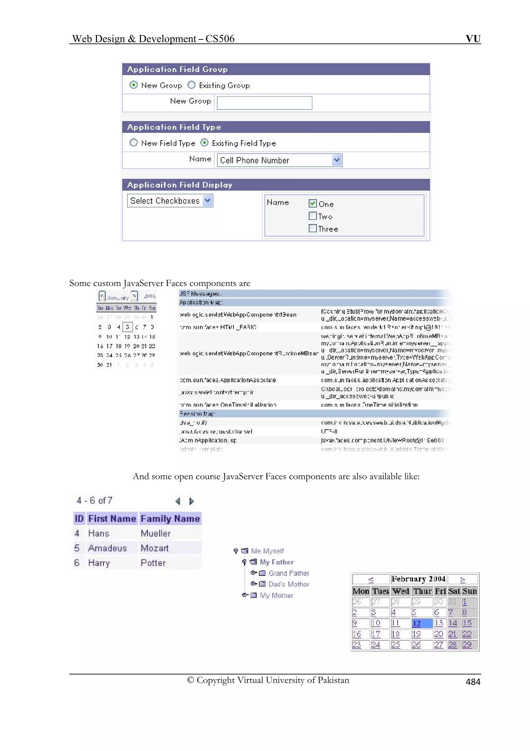Web Design  Development – CS506 VU 
S 
ome custom JavaServer Faces components are 
aServer Faces components are also available like: 
And some open course Jav © Copyright Virtual University of Pakistan 484 
 
