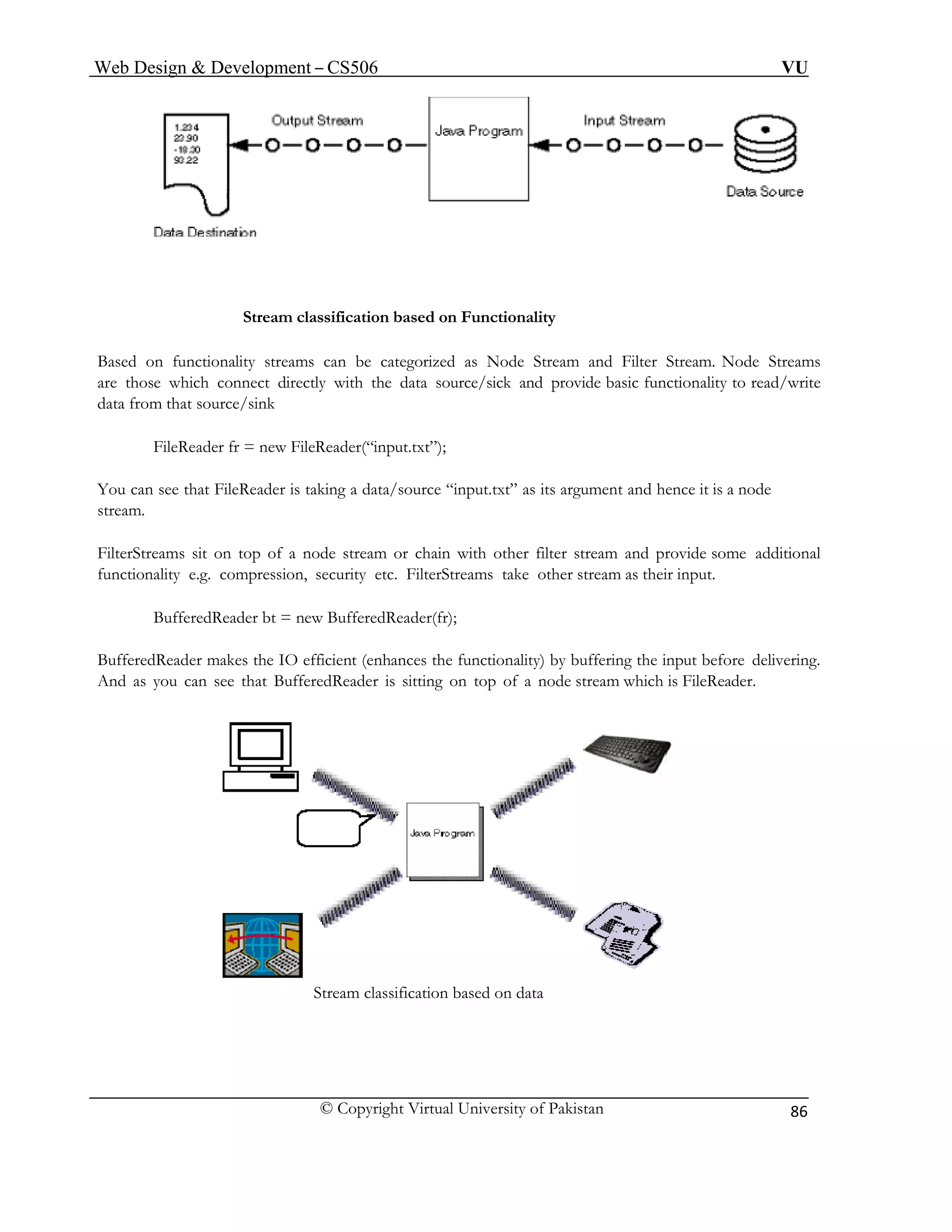 Web Design & Development – CS506 VU 
© Copyright Virtual University of Pakistan 
86 
Stream classification based on Functionality 
Based on functionality streams can be categorized as Node Stream and Filter Stream. Node Streams are those which connect directly with the data source/sick and provide basic functionality to read/write data from that source/sink 
FileReader fr = new FileReader(“input.txt”); 
You can see that FileReader is taking a data/source “input.txt” as its argument and hence it is a node stream. 
FilterStreams sit on top of a node stream or chain with other filter stream and provide some additional functionality e.g. compression, security etc. FilterStreams take other stream as their input. 
BufferedReader bt = new BufferedReader(fr); 
BufferedReader makes the IO efficient (enhances the functionality) by buffering the input before delivering. And as you can see that BufferedReader is sitting on top of a node stream which is FileReader. 
Stream classification based on data 
 