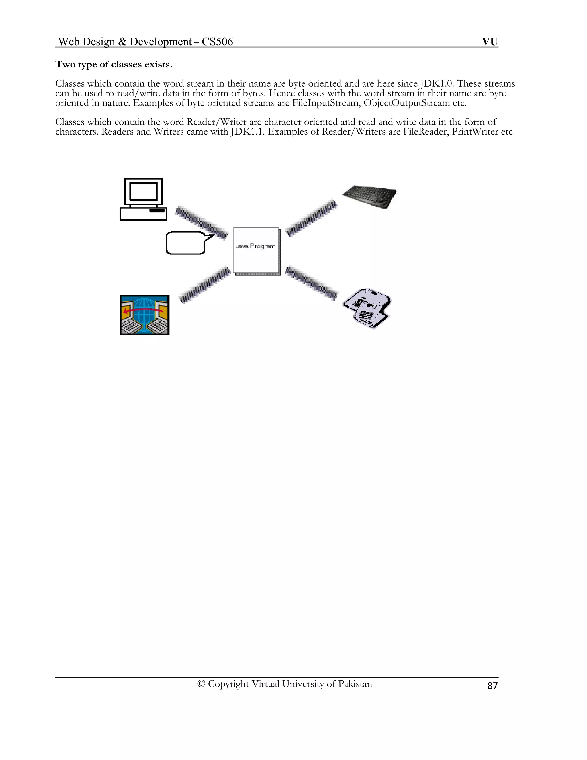 Web Design & Development – CS506 VU 
© Copyright Virtual University of Pakistan 
87 
Two type of classes exists. 
Classes which contain the word stream in their name are byte oriented and are here since JDK1.0. These streams can be used to read/write data in the form of bytes. Hence classes with the word stream in their name are byte- oriented in nature. Examples of byte oriented streams are FileInputStream, ObjectOutputStream etc. 
Classes which contain the word Reader/Writer are character oriented and read and write data in the form of characters. Readers and Writers came with JDK1.1. Examples of Reader/Writers are FileReader, PrintWriter etc 
 