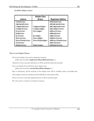 Web Design & Development – CS506 VU 
© Copyright Virtual University of Pakistan 
137 
Available Adapter classes 
How to use Adapter Classes 
public class EventsEx implements MouseMotionListener{...} 
Now our handler class will inherit from adapter class 
Due to inheritance, all the methods of the adapter class will be available inside our handler class 
Since adapter classes has already provided definitions with empty bodies. 
Previously handler class need to implement interface 
Therefore it has to provide definitions of all the methods inside that interface 
public class EventsEx extends MouseMotionAdapter{...} 
We do not have to provide implementations of all the methods again 
We only need to override our method of interest. 
 
