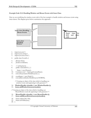 Web Design & Development – CS506 VU 
© Copyright Virtual University of Pakistan 
141 
Example Code 13.3: Handling Window and Mouse Events with Inner Class 
Here we are modifying the window event code of the last example to handle window and mouse events using inner classes. The diagram given below summarizes the approach. 
1. import java.awt.*; 
3. import java.awt.event.*; 
4. public class EventEx { 
5. JFrame frame; 
8. public void initGUI ( ) { 
9. frame = new JFrame(); 
11. cont.setLayout(new BorderLayout( ) ); 
16. MouseHandler mhandler = new MouseHandler (); 
Inner class Handling Mouse Events 
Outer class for GUI and other code 
Inner class 
Handling 
Window 
2. import javax.swing.*; 
6. JLabel coordinates; 
7. // setting layout 
10. Container cont = frame.getContentPane(); 
12. coordinates = new JLabel (); 
13. cont.add(coordinates, BorderLayout.NORTH); 
/* Creating an object of the class which is handling our 
window events and registering it with generator */ 
14. WindowHandler whandler = new WindowHandler (); 
15. frame.addWindowListener(whandler); 
/* Creating an object of the class which is handling our 
MouseMotion events & registering it with generator */ 
17. frame.addMouseMotionListener(mhandler); 
18. frame.setSize(350, 350); 
19. frame.setVisible(true); 
20. } 
 