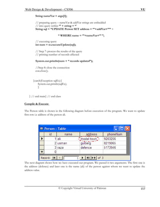 Web Design & Development – CS506 VU 
© Copyright Virtual University of Pakistan 
157 
String nameVar = args[1]; // preparing query – nameVar & addVar strings are embedded 
// into query within ‘” + string + “’ 
String sql = “UPDATE Person SET address = ‘”+addVar+”’” + 
“ WHERE name = ‘”+nameVar+”’ ”; 
// executing query 
int num = st.executeUpdate(sql); 
// Step 7: process the results of the query 
// printing number of records affected 
System.out.println(num + “ records updated”); 
//Step 8: close the connection 
con.close(); 
}catch(Exception sqlEx){ 
System.out.println(sqlEx); 
} 
} // end main} // end class 
ompil Exe 
Ce &cute 
The Person table is shown in the following diagram before execution of the program. We want to update 
first row i.e address of the person ali. 
The next diagram shows how we have executed our program. We passed it two arguments. The first one is 
the address (defence) and later one is the name (ali) of the person against whom we want to update the 
address value. 
 
