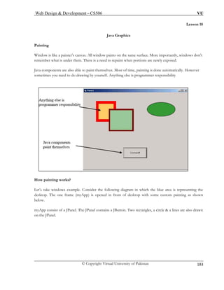 Web Design & Development – CS506 VU 
© Copyright Virtual University of Pakistan 
183 
Lesson 18 
Java Graphics 
Painting 
Window is like a painter’s canvas. All window paints on the same surface. More importantly, windows don’t 
remember what is under them. There is a need to repaint when portions are newly exposed. 
Java components are also able to paint themselves. Most of time, painting is done automatically. However 
sometimes you need to do drawing by yourself. Anything else is programmer responsibility 
How painting works? 
Let’s take windows example. Consider the following diagram in which the blue area is representing the 
desktop. The one frame (myApp) is opened in front of desktop with some custom painting as shown 
below. 
myApp consist of a JPanel. The JPanel contains a JButton. Two rectangles, a circle & a lines are also drawn 
on the JPanel. 
 