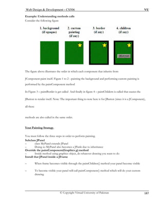 Web Design & Development – CS506 VU 
© Copyright Virtual University of Pakistan 
187 
ing methods calls 
Example: Understand 
Consider the following figure The figure above illustrates ich each component that inherits from 
JC e background and performing custom painting is 
perfor 
In Figure 3 – paintBorder is get called And finally in figure 4 – paintChildern is called that causes the 
JButto important thing to note here is for JButton (since it is a JComponent), 
all thes 
metho 
Yo 
the order in wh 
omponent paint itself. Figure 1 to 2 --painting th 
med by the paintComponent method 
n to render itself. Note: The 
e 
ds are also called in the same order. 
ur Painting Strategy 
You must follow the three steps in order to perform painting. 
Subclass JPanel 
– class MyPanel extends JPanel 
– Doing so MyPanel also becomes a JPanle due to inheritance 
Override the paintComponent(Graphics g) method 
– Inside method using graphics object, do whatever drawing you want to do 
Install that JPanel inside a JFrame 
– When frame becomes visible through the paintChildren() method your panel become visible 
– To become visible your panel will call paintComponent() method which will do your custom 
drawing 
 
