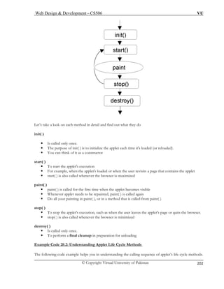 Web Design & Development – CS506 VU 
© Copyright Virtual University of Pakistan 
202 
Let’s t each method in detail and find out what they do 
init( ) 
ƒ Is ca 
ƒ The t each time it's loaded (or reloaded). 
ƒ You can 
on 
ƒ For example, n the applet's loaded or when the user revisits a page that contains the applet 
alled whenever the browser is maximized 
paint( ) 
ƒ paint( ) is called for the first time when the applet becomes visible 
ƒ Whenever applet needs to be repainted, paint( ) is called again 
ƒ Do all your painting in paint( ), or in a method that is called from paint( ) 
the user leaves the applet's page or quits the browser. 
ƒ stop( ) is also called whenever the browser is minimized 
estroy( ) 
ƒ Is called only once. 
ƒ To perform a final cleanup in preparation for unloading 
xample Code 20.2: Understanding Applet Life Cycle Methods 
ake a look on 
lled only once. purpose of init( ) is to initialize the apple 
think of it as a constructor 
start( ) ƒ To start the applet's executi 
whe ƒ start( ) is also c 
stop( ) ƒ To stop the applet's execution, such as when 
d 
E 
The following code example helps you in understanding the calling sequence of applet’s life cycle methods. 
 
