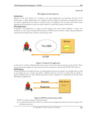 Web Design  Development – CS506 VU 
© Copyright Virtual University of Pakistan 
242 
Lesson 25 
Web Application Development 
Introduction 
Because of the re becoming vital part of IT 
infrastructure of ance management systems 
are used by orga hand online course 
registration and examination systems can allow students to study while staying at their homes. 
Web Applic o 
wide spread use of internet, web based applications a 
large organizations. For example web based employee perform 
nizations for weekly or monthly reviews of employees. On the other 
atins In general a we 
connected to w se 
ommunication ent (usually a web-browser) sends 
b application is a piece of code running at the 
server which facilitates a remote user eb server through HTTP protocol. HTTP protocol follows stateless Request-Responmodel. Cli 
c Figure 1: A typical web application 
A web server is software which provides users, access to the services that are present on the internet. These 
servers can provide support for many protocols used over internet or intranet like HTTP, FTP, telnet etc 
HTTP Basics 
A protocol defines the method and way of communication between two parties. For example when we talk 
to our teacher we use a certain way which is different from the way that we adopt with our fiends or 
parents. Similarly there are many different protocols used by computers to communicate with each other 
depending on applications. 
Figure 2: HTTP communication model 
-HTTP is as request-response oriented protocol. 
-It is a stateless protocol since there is no built-in state management between successive requests. We 
will discuss state later. 
 