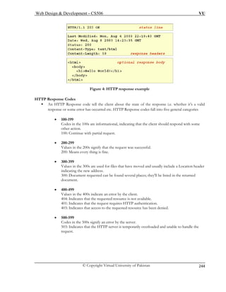 Web Design  Development – CS506 VU 
© Copyright Virtual University of Pakistan 
244 
Figure 4: HTTP response example 
HTTP Response Codes 
ƒ An HTTP Response code tell the client about the state of the response i.e. whether it’s a valid 
response or some error has occurred etc. HTTP Response codes fall into five general categories 
• 100-199 
Codes in ld respond with some 
other action. 
100: Continue with partial request. 
• 200-299 
Values in the 200s signify that the request was successful. 
200: Means every thing is fine. 
• 300-399 
Values in the 300s are used for files that have moved and usually include a Location header 
indicating the new address. 
300: Document requested can be found several places; they'll be listed in the returned 
document. 
• 400-499 
Values in the 400s indicate an error by the client. 
404: Indicates that the requested resource is not available. 
401: Indicates that the request requires HTTP authentication. 
403: Indicates that access to the requested resource has been denied. 
• 500-599 
Codes in the 500s signify an error by the server. 
503: Indicates that the HTTP server is temporarily overloaded and unable to handle the 
request. 
the 100s are informational, indicating that the client shou  