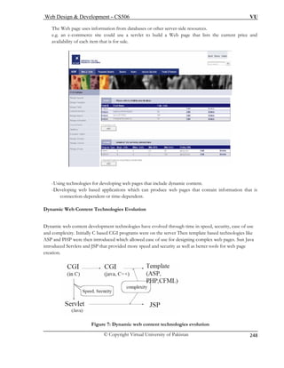 Web Design  Development – CS506 VU 
© Copyright Virtual University of Pakistan 
248 
The Web page uses information from databases or other server-side resources. 
e.g. an e-commerce site could use a ser Web page that lists the current price and 
availability of each item that is for sale. 
vlet to build a -Using technologies for developing web pages that include dynamic content. 
-Developing web based applications which can produce web pages that contain information that is 
connection-dependent or time-dependent. 
Dyn 
Dynamic web content development technologies have evolved through time in speed, security, ease of use 
te based technologies like 
plex web pages. Sun Java 
vlets and JSP that provided more speed and security as well as better tools for web page 
amic Web Content Technologies Evolution 
and complexity. Initially C based CGI programs were on the server Then templaASP and PHP were then introduced which allowed ease of use for designing com 
introduced Ser 
creation. Figure 7: Dynamic web content technologies evolution 
 