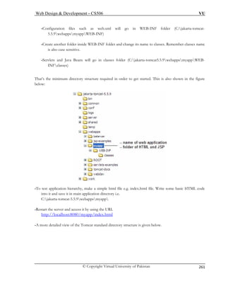 Web Design  Development – CS506 VU 
© Copyright Virtual University of Pakistan 
261 
-Configuration EB-INF folder (C:jakarta-tomcat- 
B-INF folder and change its name to classes. Remember classes name 
is also case sensitive. 
files such as web.xml will go in W 
5.5.9webappsmyappWEB-INF) -Create another folder inside WE 
-Servlets and Java Beans will go in classes folder (C:jakarta-tomcat5.5.9webappsmyappWEB- INFclasses) 
That’s the minimum directory structure required in order 
to get started. This is also shown in the figure below: 
n hierarchy, make a simple html file e.g. index.html file. W -To test applicatio rite some basic HTML code 
into it and save it in main application directory i.e. 
C:jakarta-tomcat-5.5.9webappsmyapp 
-Restart the server and access it by using the URL 
http://localhost:8080/myapp/index.html 
-A more detailed view of the Tomcat standard directory structure is given below. 
 